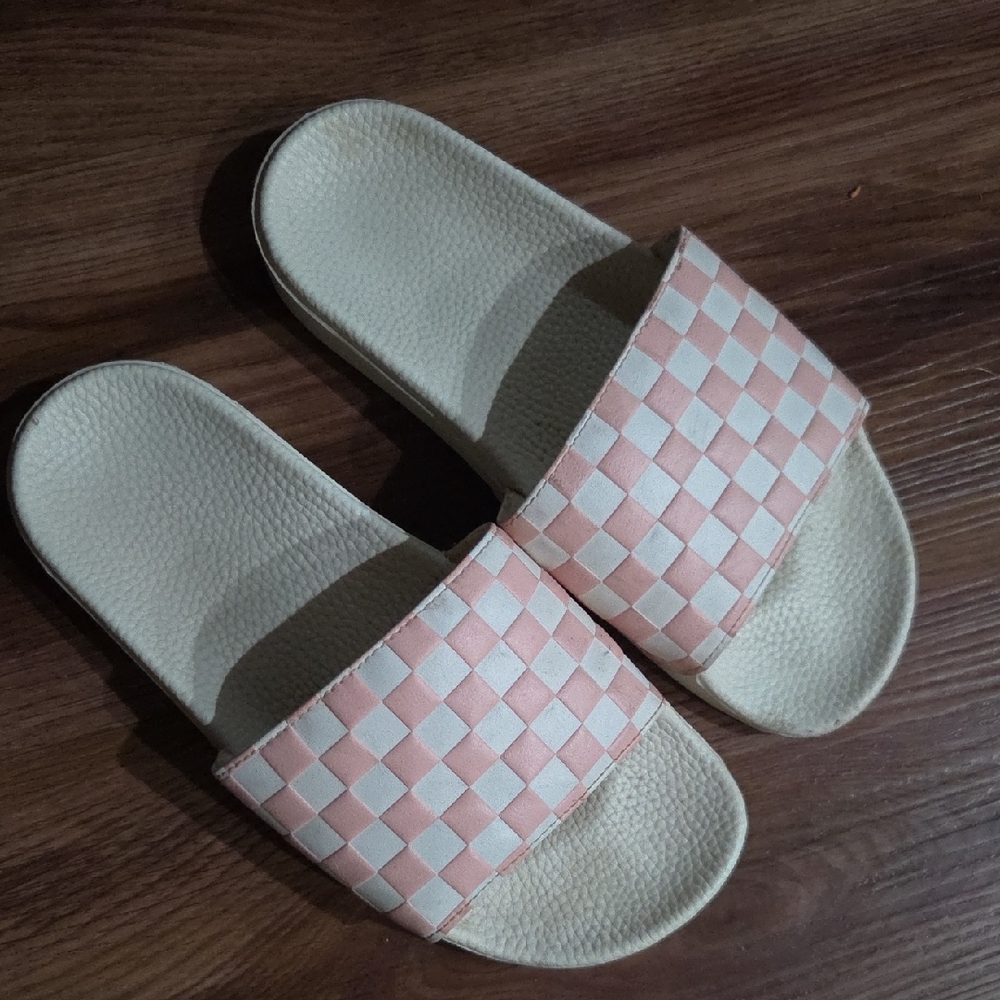 Vans Checkered Pink Cream Slides Size 7